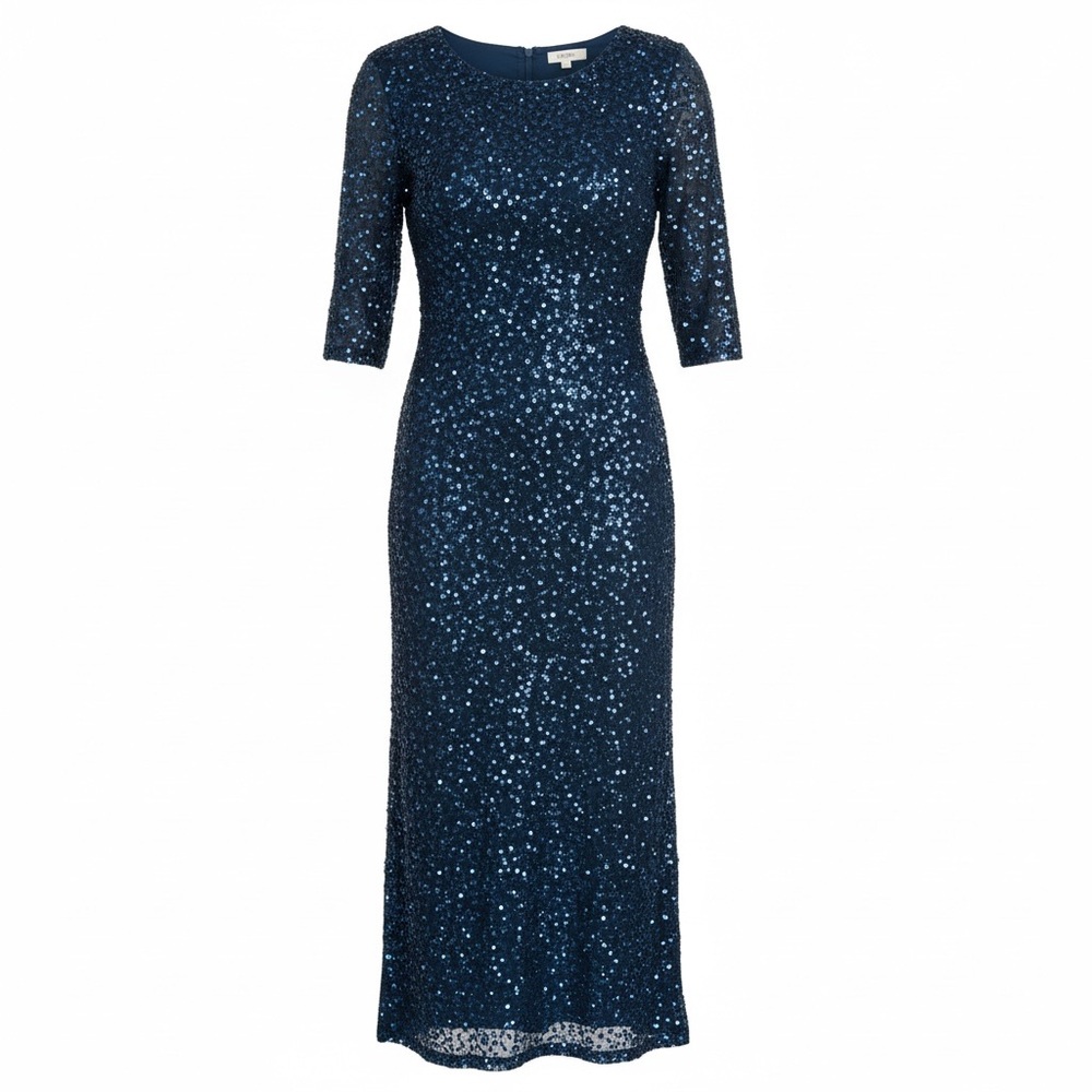 Adrianna Papell Midnight Blue 3/4 Sleeve Beaded Mermaid Gown Womens 14 NWT
